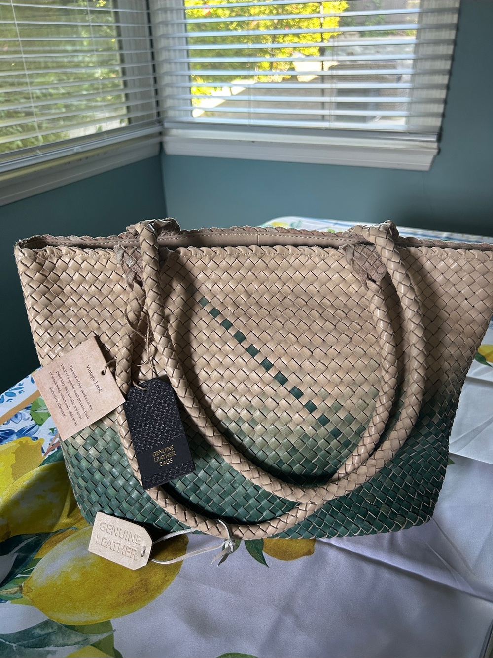 Woven Genuine Leather Tote Bag in Beige and Green Ombré